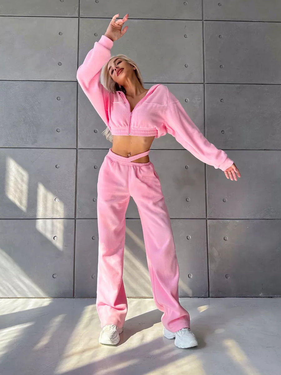 Damen Cropped Fleece-Set mit kurzem Zip-Hoodie und hoher Taillen-Jogginghose Shop Nory
