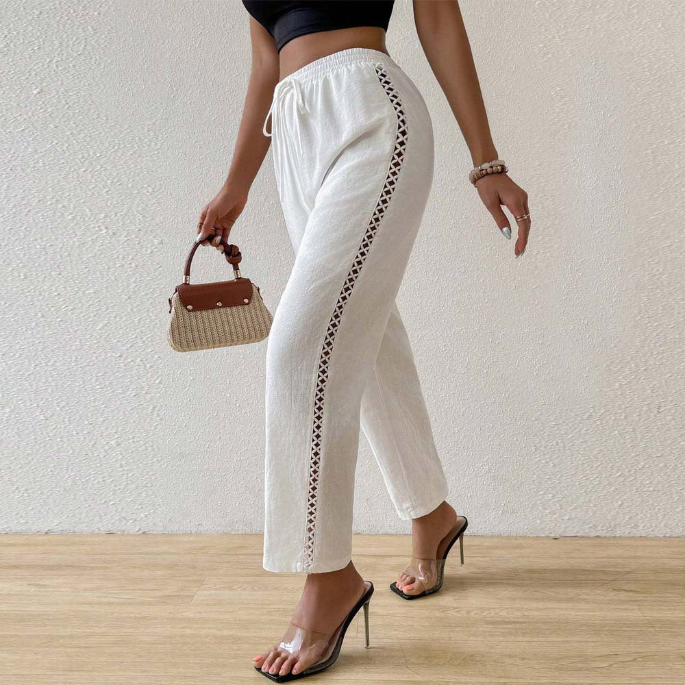 Damen lässige Leinenoptik-Hose mit elastischem Bund, Tunnelzug und seitlicher Spitzeneinsatz Shop Nory