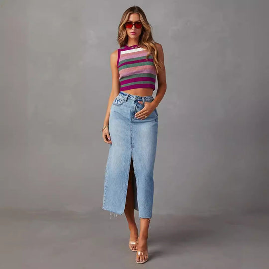 Damen Lässiger Denim Rock mit seitlichem Schlitz und fransigem Saum