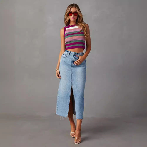 Damen Lässiger Denim Rock mit seitlichem Schlitz und fransigem Saum