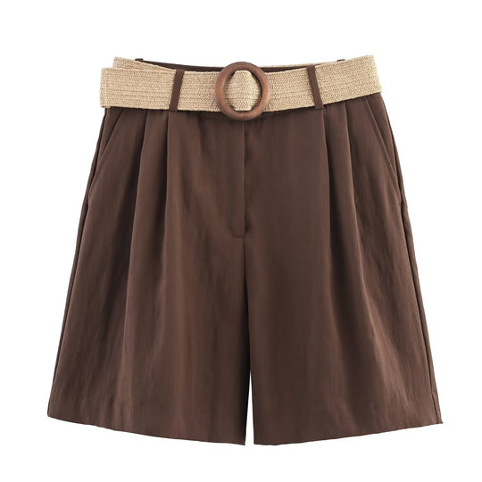 Damen elegante Shorts mit breitem, geflochtenem Gürtel