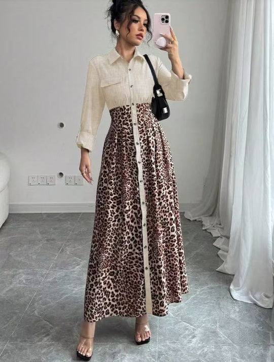 Damen Hemdblusenkleid mit Jeansoberteil und Leoparden-Maxirock Shop Nory