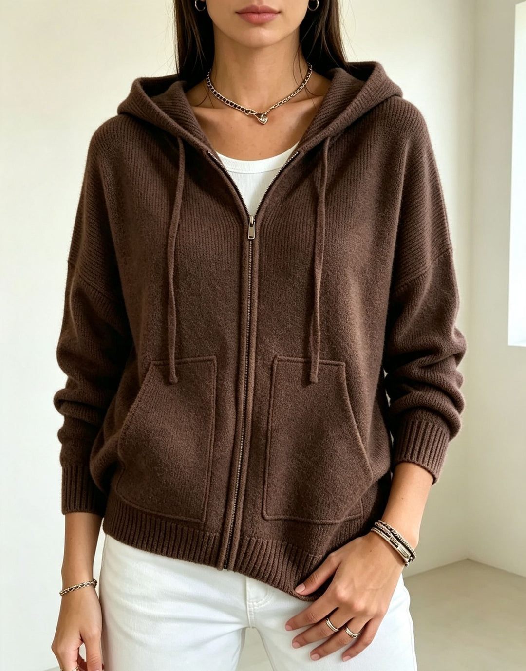Damen Kapuzen-Wollmix Zip-Cardigan mit kastiger Passform und Kängurutaschen Shop Nory