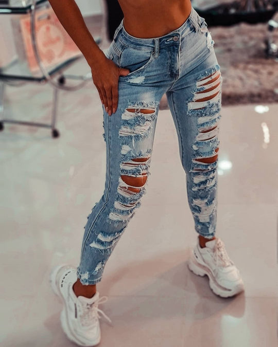 Damen Skinny-Jeans im distressed Look