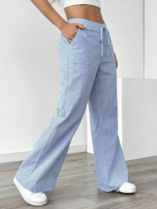 Damen weiche High-Waist Loungehose mit weitem Bein Tunnelzug und aufgesetzten Taschen Shop Nory