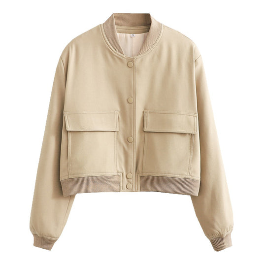 Damen Kurze Bomberjacke mit großen Pattentaschen und Rippbündchen Shop Nory
