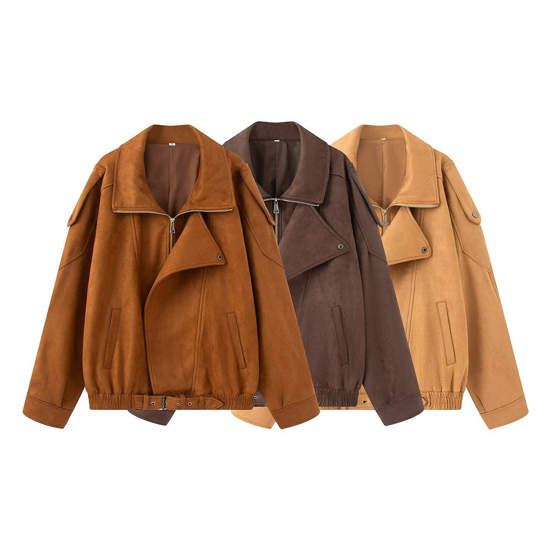 Damen Oversize Bomberjacke mit breitem Reverskragen, Taillengürtel und Schulterklappen Shop Nory