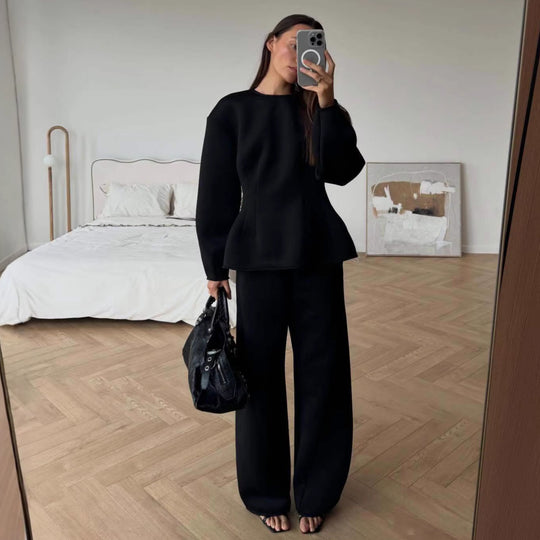 Damen Tailliertes Peplum-Oberteil mit Wiener Nähten und weitem Lounge-Hosen-Set Shop Nory