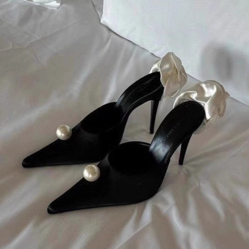 Damen spitze Satin-Flower Stiletto-Mules mit Perlenapplikation Shop Nory
