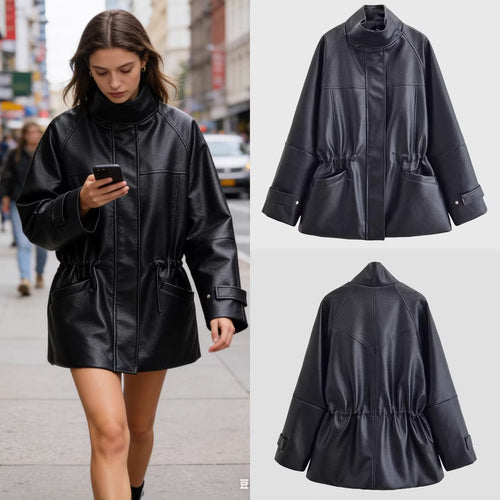 Damen Oversized Jacke in Lederoptik mit Stehkragen und Taillenkordel Shop Nory