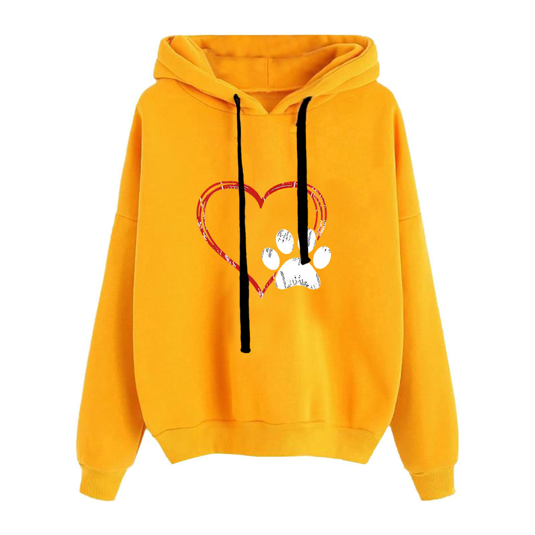 Damen nan lässiger Oversize Kapuzenpullover mit Herz‑und‑Pfotenprint, Kordelzug und gerippten Bündchen Shop Nory