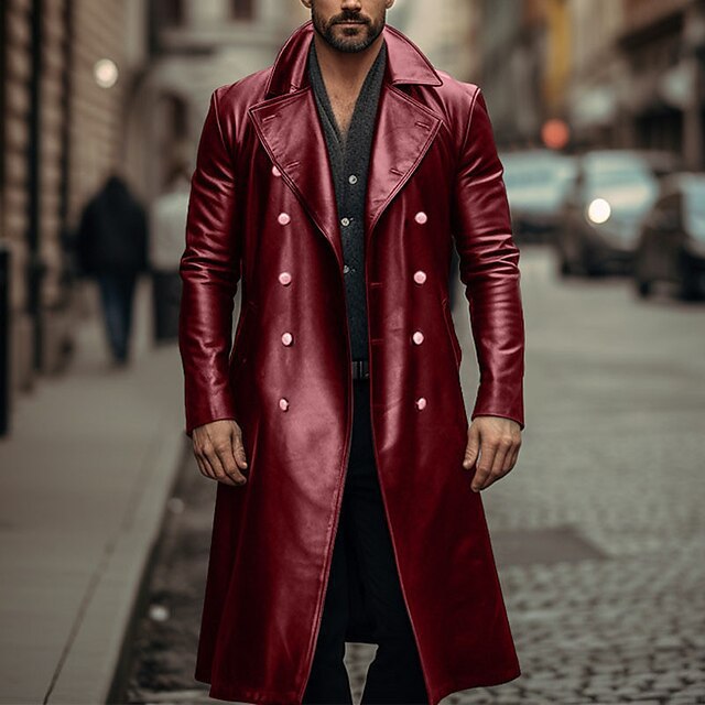 Herren Doppelreihiger Ledermantel im Trenchcoat‑Stil mit schmaler Taille Shop Nory