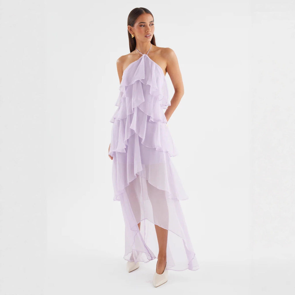 Damen Chiffon Maxikleid mit mehrschichtigen Rüschendetails Shopnory