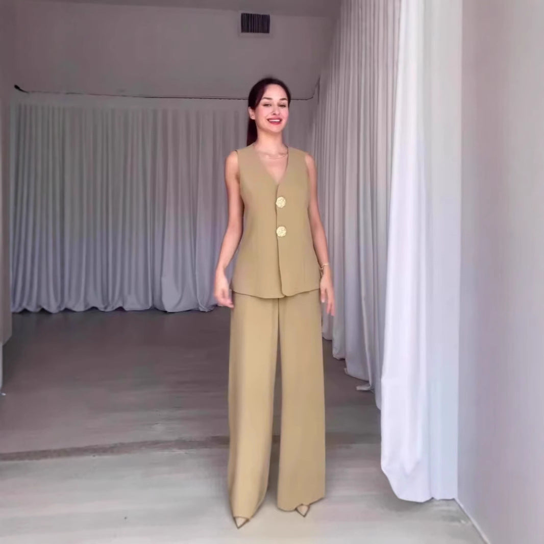 Damen Ärmelloses Tailoring-Set mit taillierter Weste, Zierknöpfen und weiter Palazzo-Hose Shop Nory