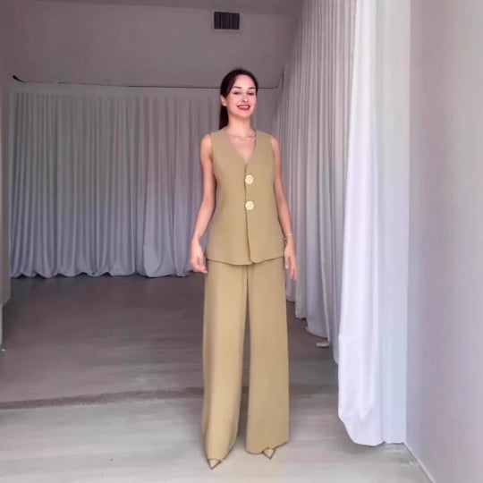 Damen Ärmelloses Tailoring-Set mit taillierter Weste, Zierknöpfen und weiter Palazzo-Hose Shop Nory