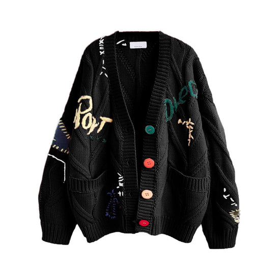Damen Stylischer Strickcardigan mit bunten Knöpfen und aufwendigem Design