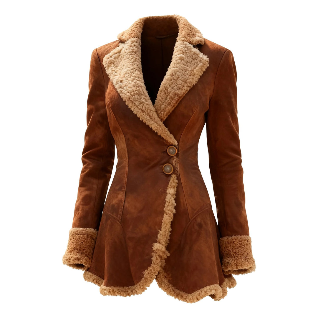 Damen nan taillierter Mantel mit Kunstfellbesatz Samtstruktur und ausgestelltem Saum Shop Nory