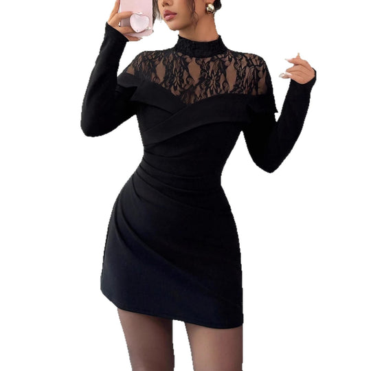 Damen Figurbetontes Minikleid mit Spitzen‑Einsatz, Stehkragen und Drapierung Shop Nory