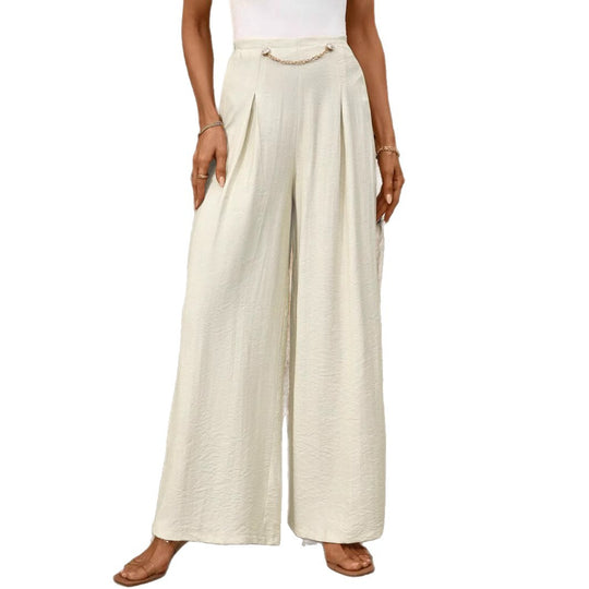 Damen High-Waist Palazzo-Hose mit weitem Bein, Bundfalten und Zierkettendetail Shop Nory