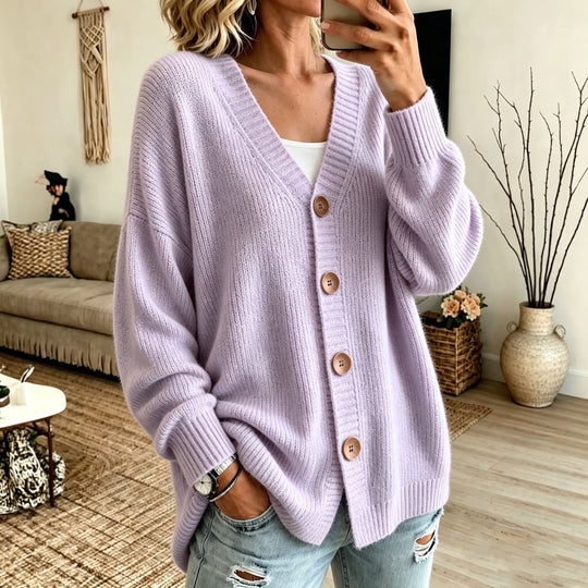 Damen Lockerer Longline-Cardigan mit tiefem V-Ausschnitt und Holzknöpfen Shop Nory