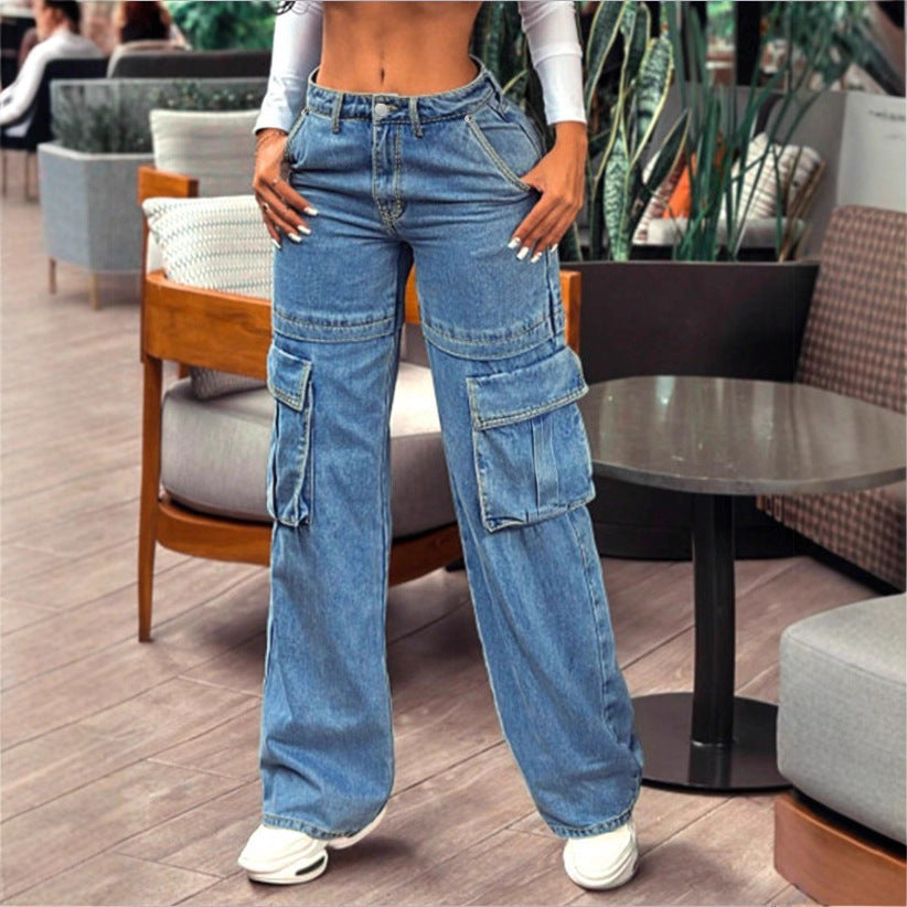 Damen tiefsitzende Wide‑Leg Cargo-Jeans mit XXL-Klappentaschen Shop Nory