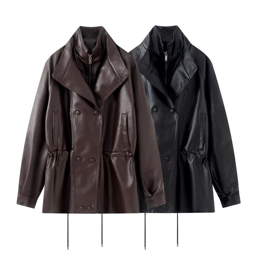 Damen Oversized Double-Breasted Kunstleder-Mantel mit Tunnelzug und Stehkragen Shop Nory