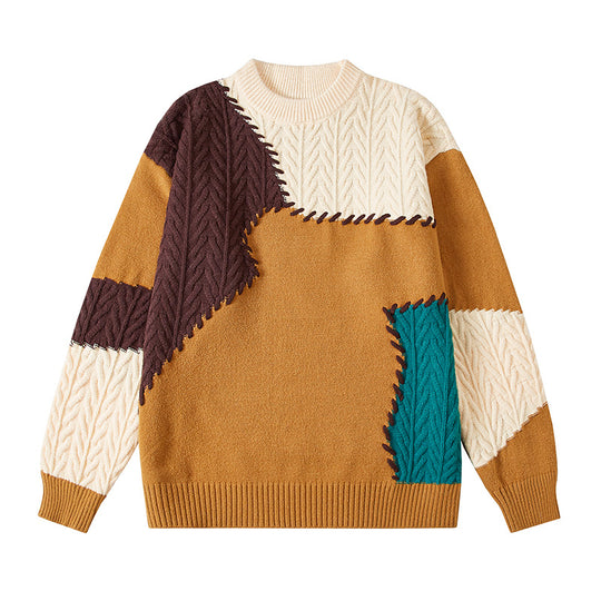 Herren strukturierter Patchwork-Strickpullover mit Zopfmuster und Rundhals Shop Nory