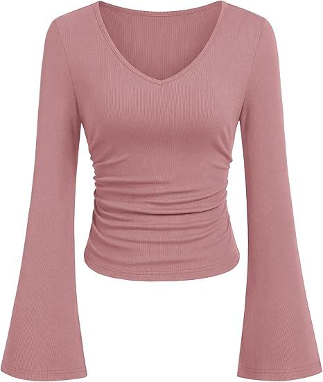 Damen Geripptes Cropped-Top mit V-Ausschnitt, taillierter Raffung und ausgestellten Trompetenärmeln Shop Nory