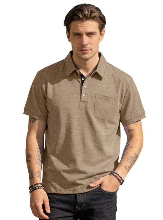 Herren nan Kurzarm-Polokragen-Shirt aus texturiertem Jersey mit Brusttasche und kontrastierter Knopfleiste