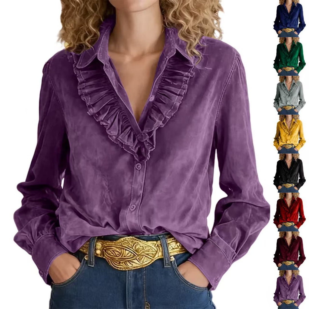 Damen Bluse mit Volantkragen, V‑Ausschnitt und Veloursoptik Shop Nory