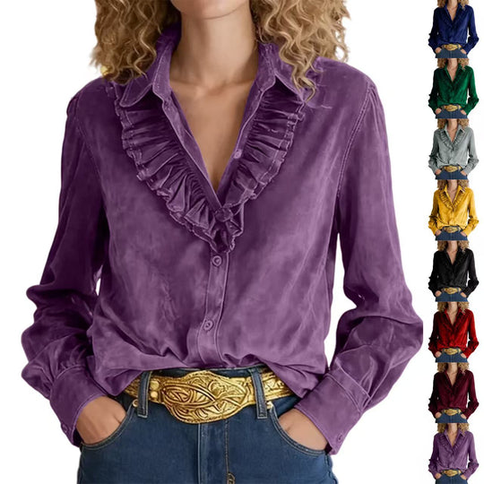 Damen Bluse mit Volantkragen, V‑Ausschnitt und Veloursoptik Shop Nory