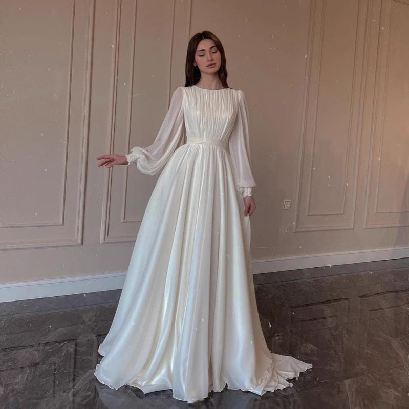 Durchsichtiges Weißes Hochzeitskleid Rundhalsausschnitt Lange Ärmel Kleid