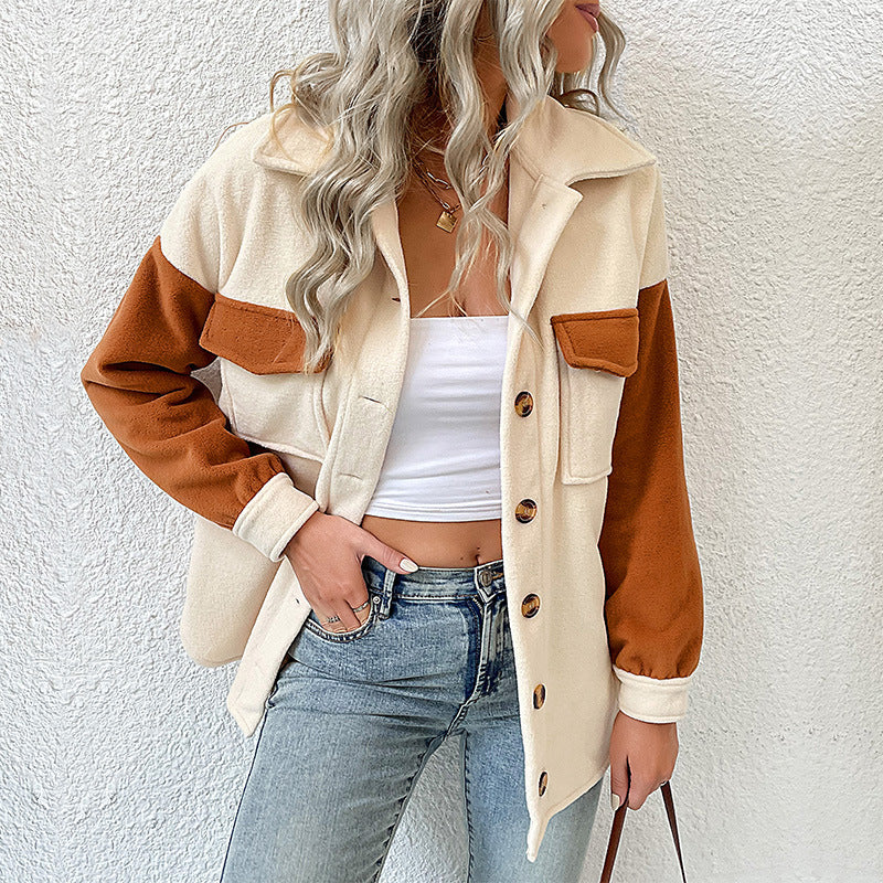 Damen weite Hemdjacke aus Teddyfleece mit Kontrastärmeln und aufgesetzten Taschen Shop Nory