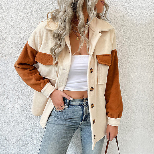 Damen weite Hemdjacke aus Teddyfleece mit Kontrastärmeln und aufgesetzten Taschen Shop Nory