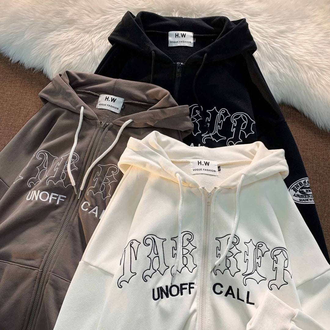 Unisex nan Reißverschluss-Hoodie mit Gothic-Schriftzug, Kapuze, Kängurutasche und Ärmelflock-Patch Shop Nory