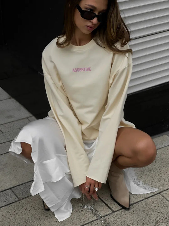 Damen Oversized Longsleeve-Sweatshirt mit Statement-Print und Rundhalsausschnitt Shop Nory