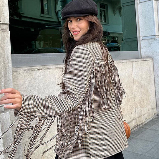 Damen Kurzblazer mit Fransen und Hahnentrittmuster Shop Nory