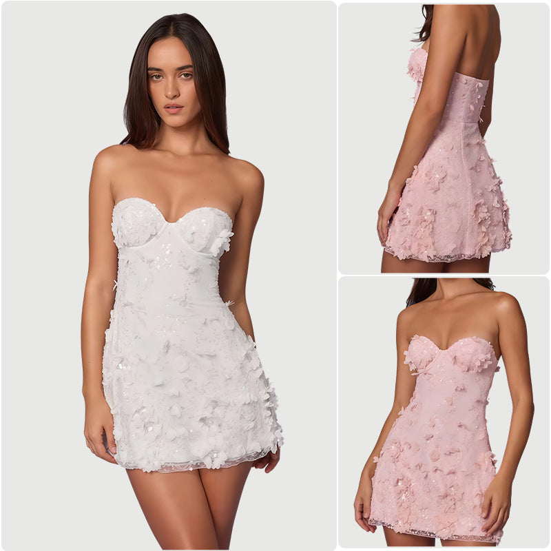 Damen Cocktailkleid mit schulterfreiem Design und floralem 3D-Applikationen Shopnory