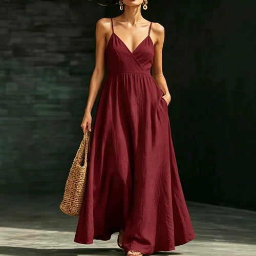Damen Sommerkleid Midikleid Spaghettiträger V-Ausschnitt