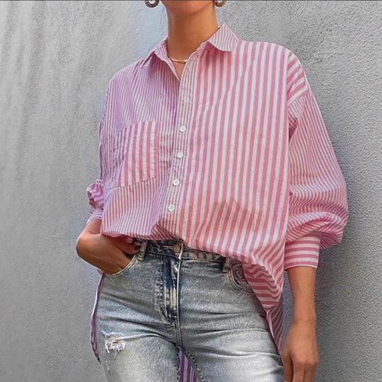 Damen Oversized-Casual Hemdbluse mit kontrastierenden Streifen und aufgesetzter Brusttasche Shop Nory