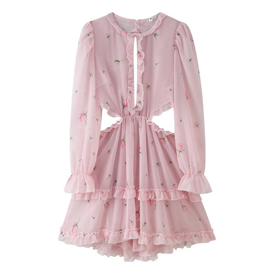 Damen Romantisches Chiffon-Minikleid mit Cut-Out-Seiten, Rüschenbesatz und Volantstufen Shop Nory