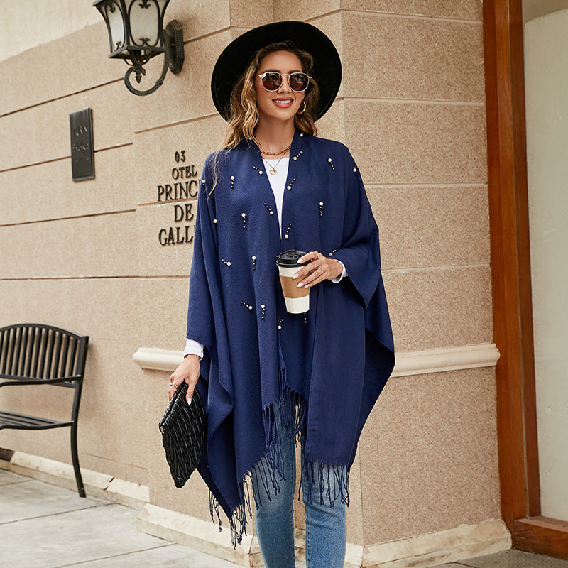Damen Eleganter bestickter Wollmix-Poncho‑Cape mit Perlenbesatz Shop Nory