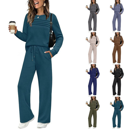 Damen Zweiteiliges Lounge-Set mit Plissee-Detail, Rundhals-Sweatshirt und weitem Kordel-Hose Shop Nory