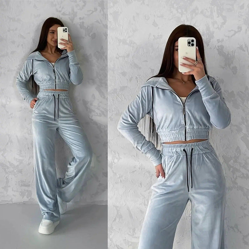 Damen Samt-Loungewear-Set mit Cropped Zip-Kapuzenjacke und weiter Palazzohose Shop Nory