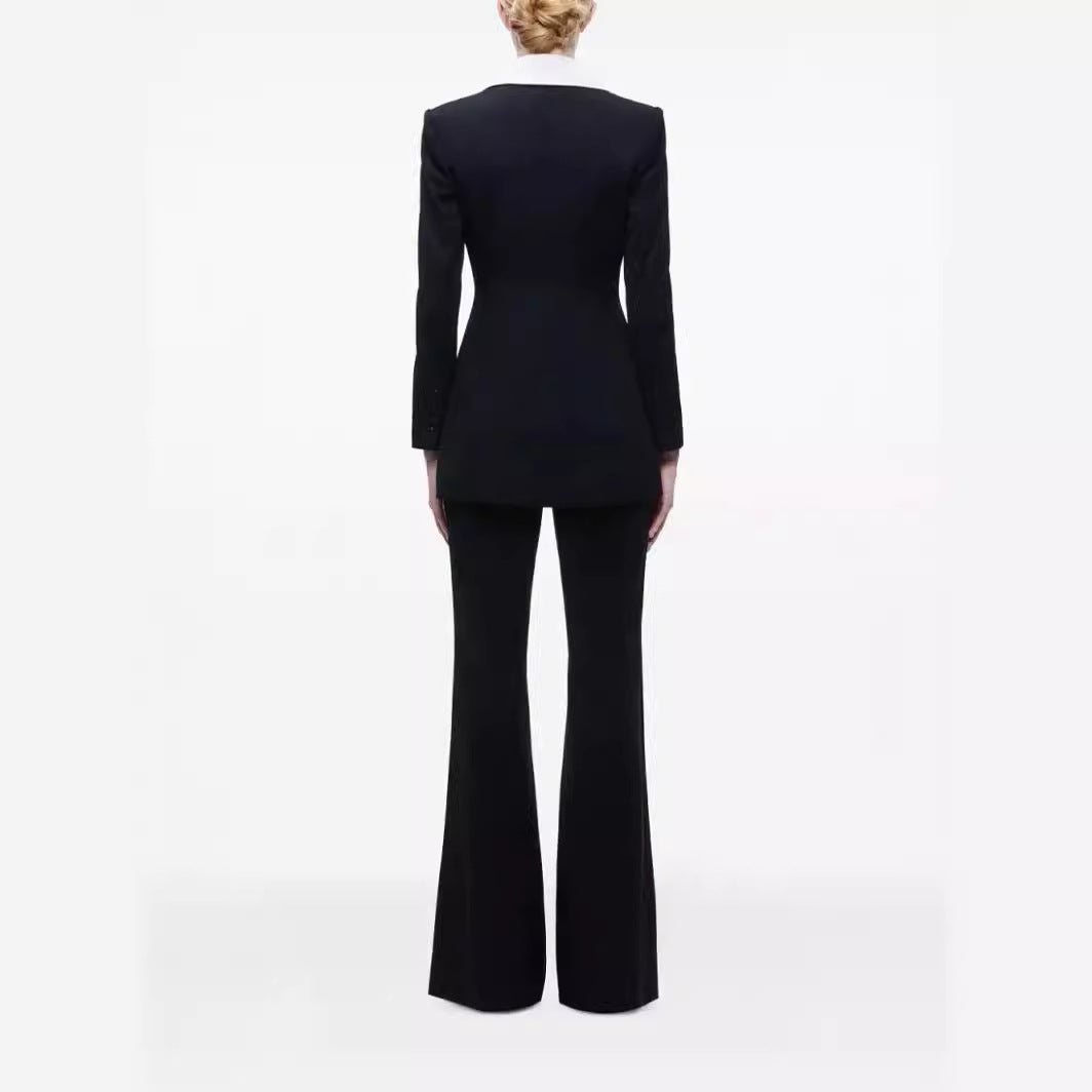 Damen Elegantes Zweiteiliges Smokingset mit kontrastierendem Schalkragen und ausgestellter Schlaghose Shop Nory