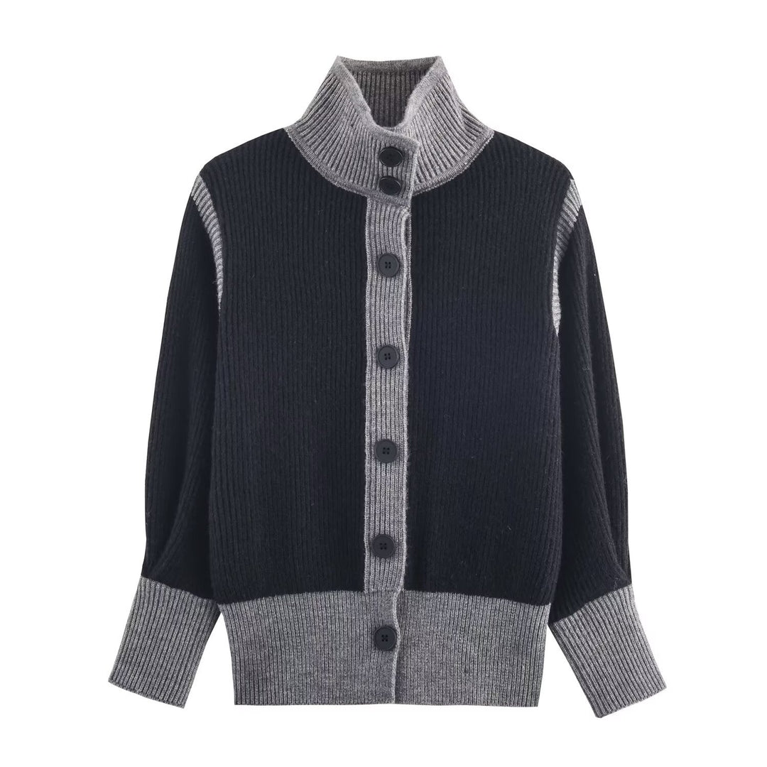Damen Oversize Rippstrick-Cardigan mit hohem Kragen, Kontrastblende und Knopfleiste Shop Nory