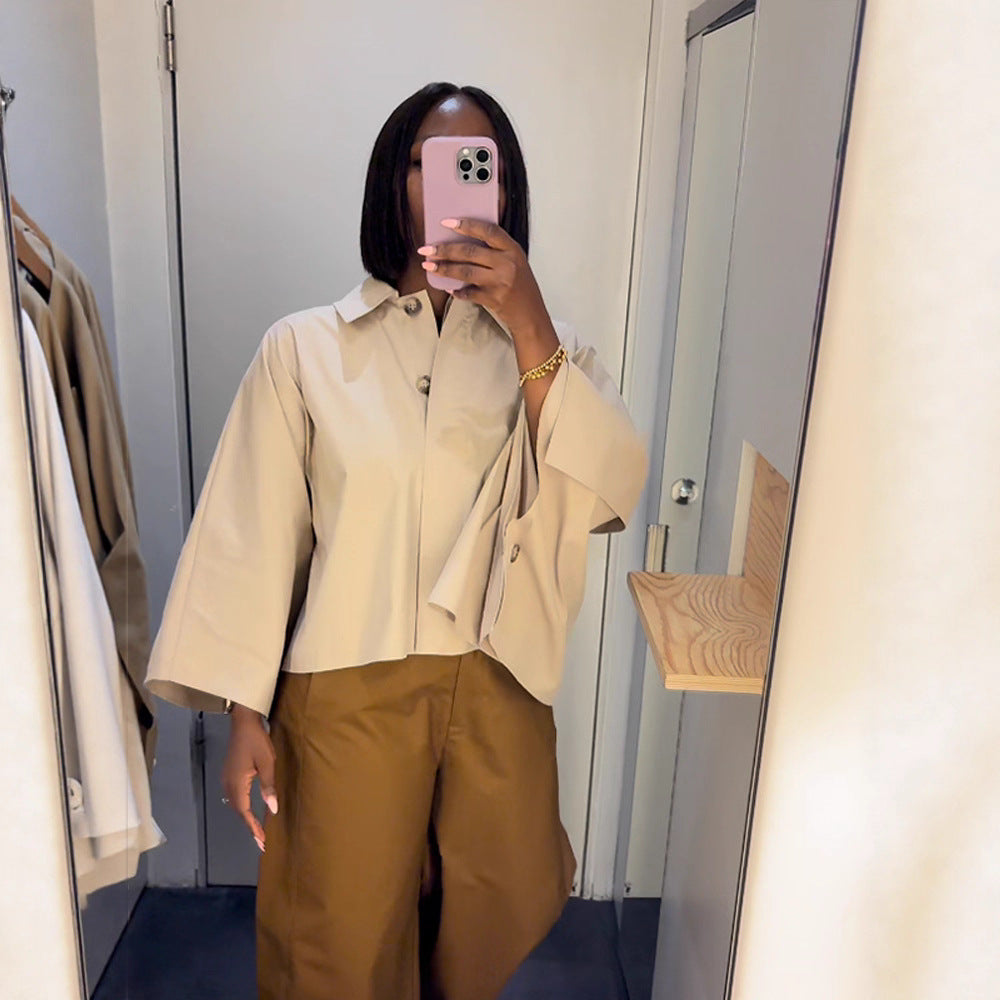 Damen kastige Cropped-Hemdbluse mit weitem Fledermausärmel und feiner Kellerfalte Shop Nory