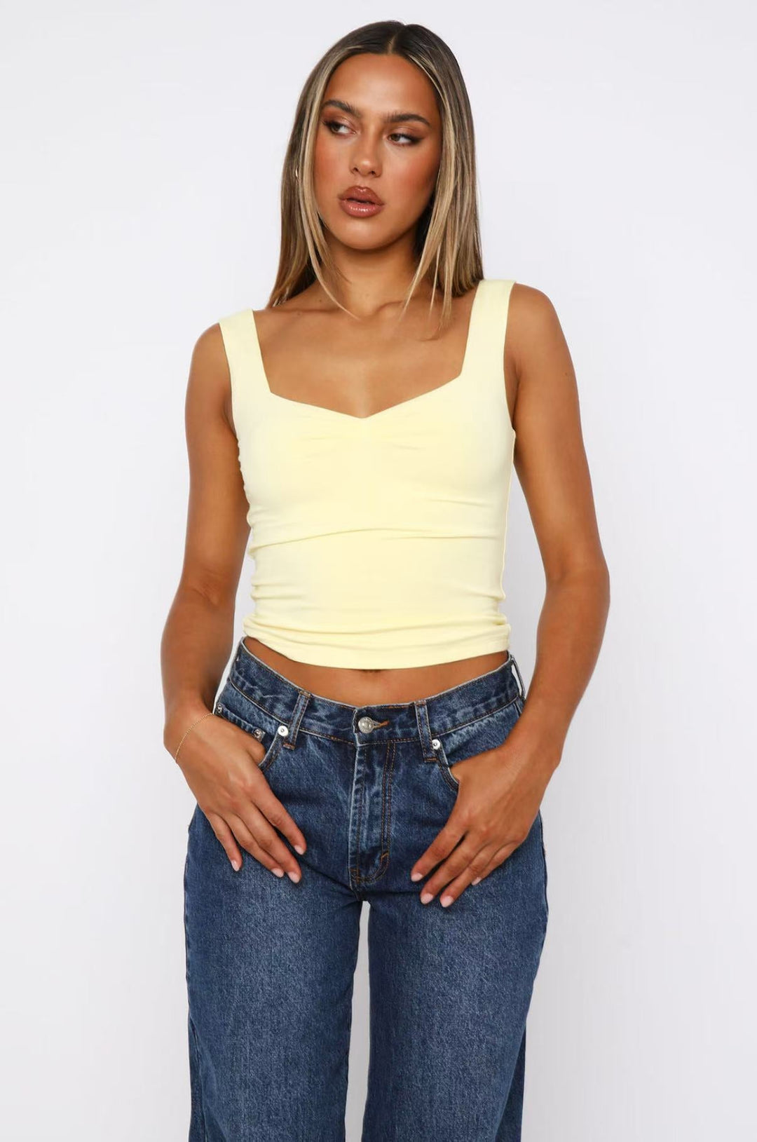 Damen figurbetontes Crop-Top mit breiten Trägern und V-Ausschnitt
