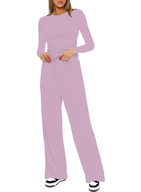 Damen Figurbetontes Longsleeve mit seitlicher Raffung und High-Waist Palazzo-Jogginghose Set Shop Nory
