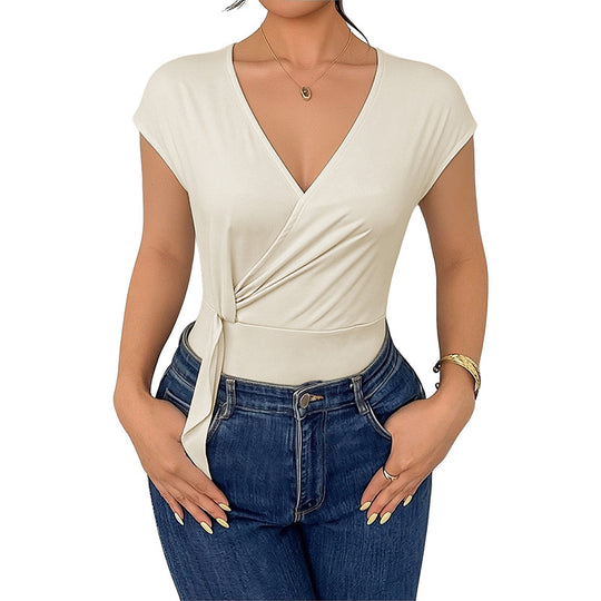 Damen Wickel-Body mit kurzem Arm, tailliertem Band und V-Ausschnitt Shop Nory
